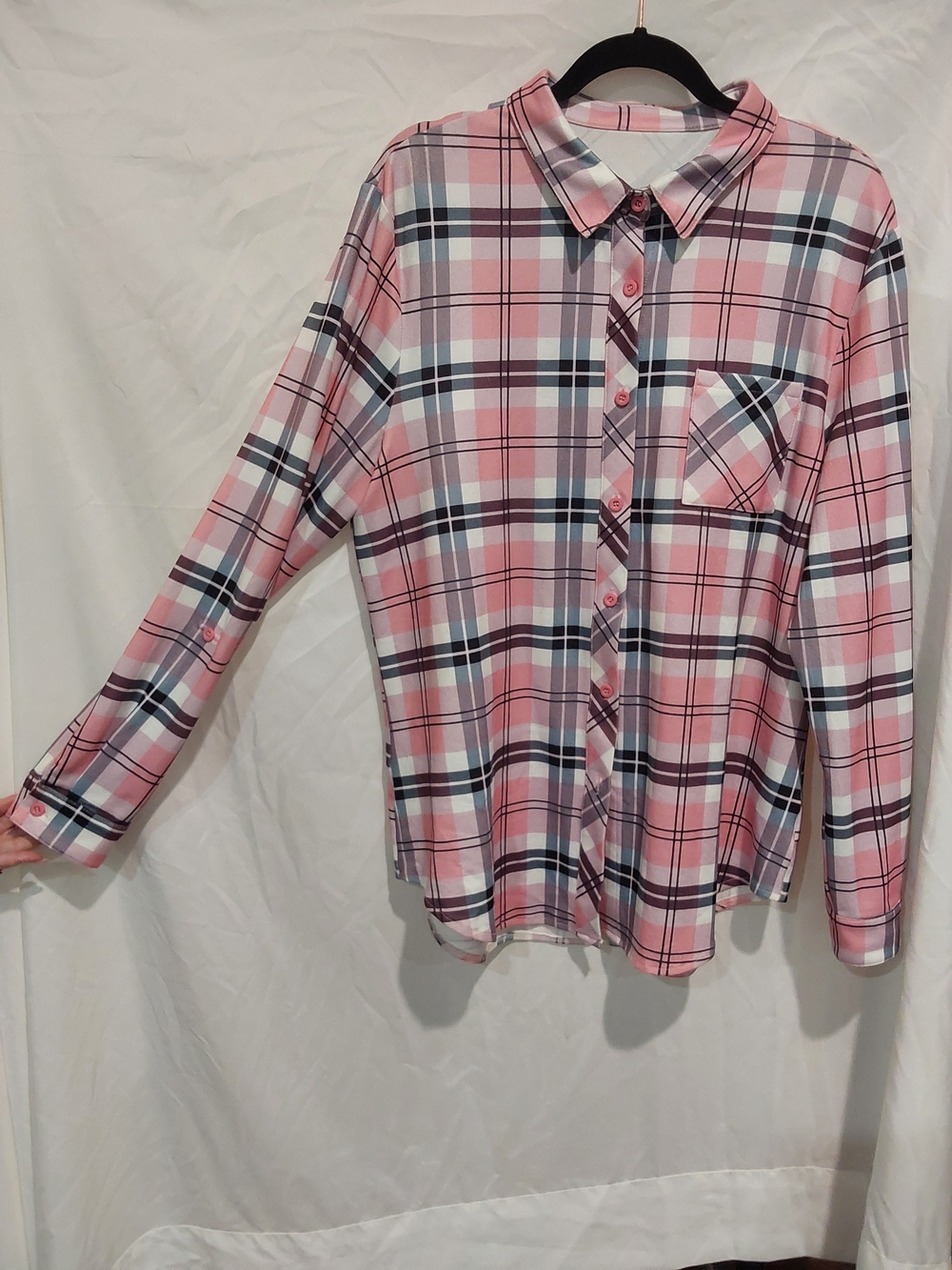 Women's Pink Plaid Button-Down Shirt with Chest Pocket